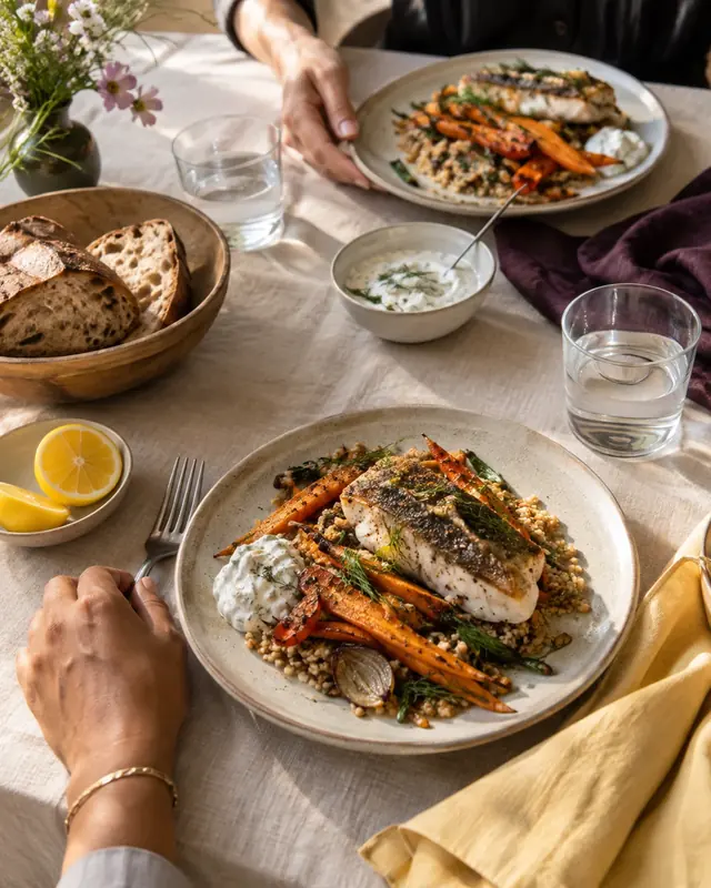 Un repas partagé : poisson, céréales et légumes sur une table lumineuse